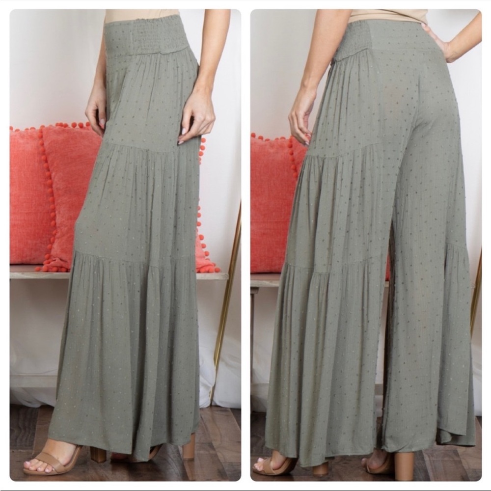 Palazzo High-Waisted Swiss Dot Textured Pants in Sage NWT